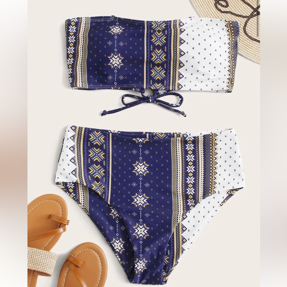 Blue Tribal Bandeau Bikini High Waist